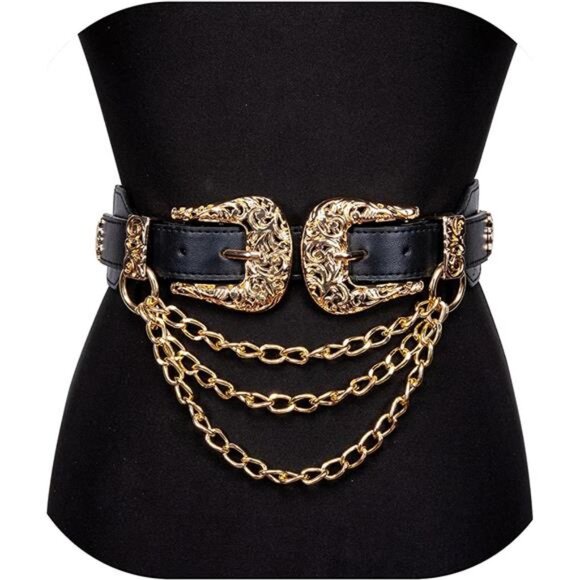 ✨ Leather & Elastic Waist Belt | Gold Alloy Buckle, Hidden Snap Closure - Picture 1 of 5
